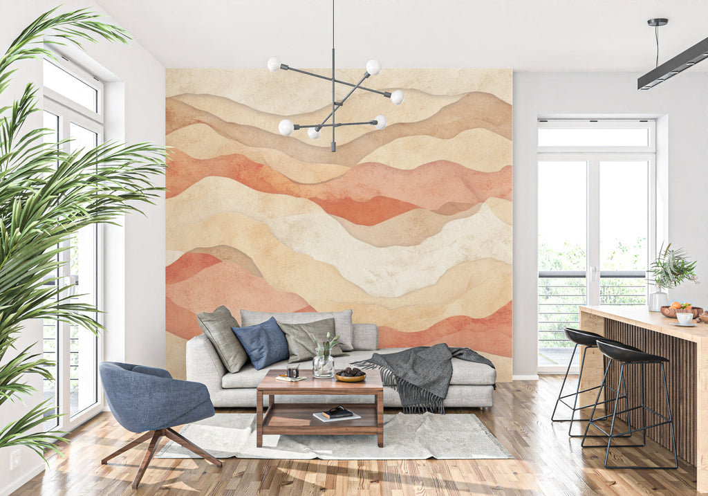 Abstract desert mural adding warmth to minimalist hallway space