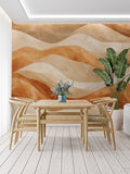 Desert wave wallpaper in modern living room with neutral furniture and natural light