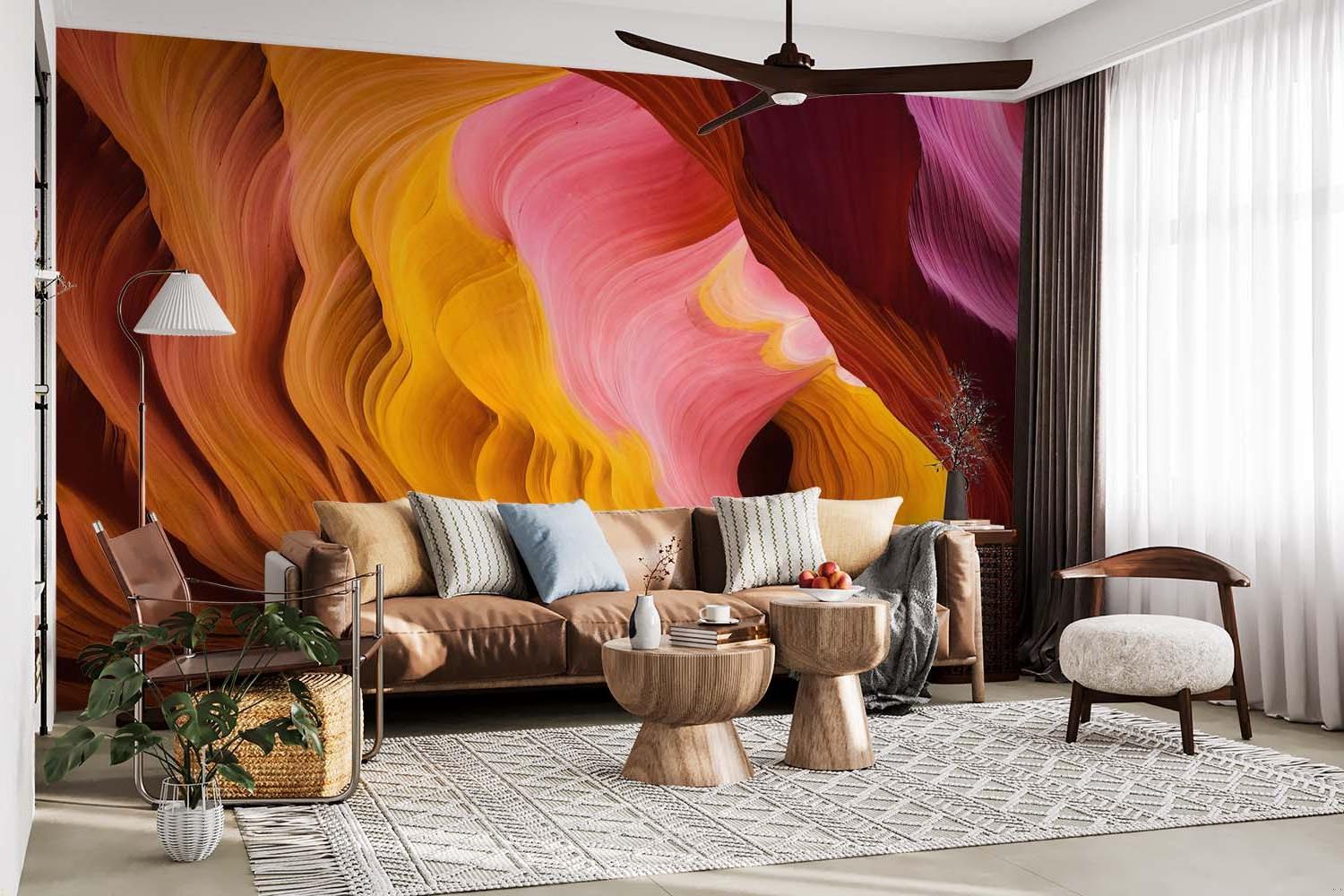 Canyon wallpaper feature wall in dining room, pink and gold tones complementing wood furniture