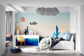 Desert landscape wallpaper creating a stunning focal point in modern living room with minimalist furniture