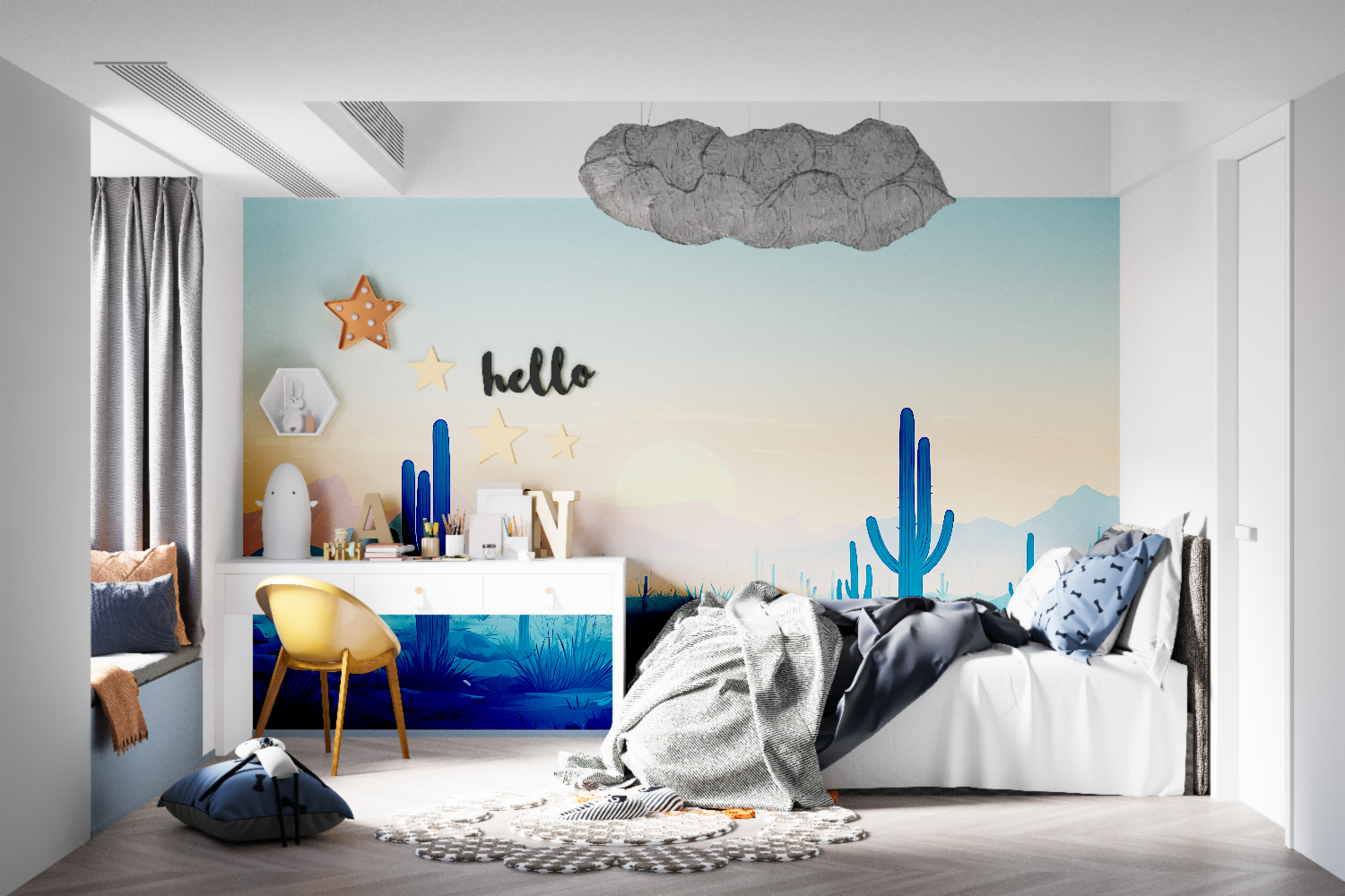 Desert landscape wallpaper creating a stunning focal point in modern living room with minimalist furniture