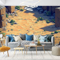 Desert canyon wall mural creating depth in a modern living room with natural furniture and earth-toned decor