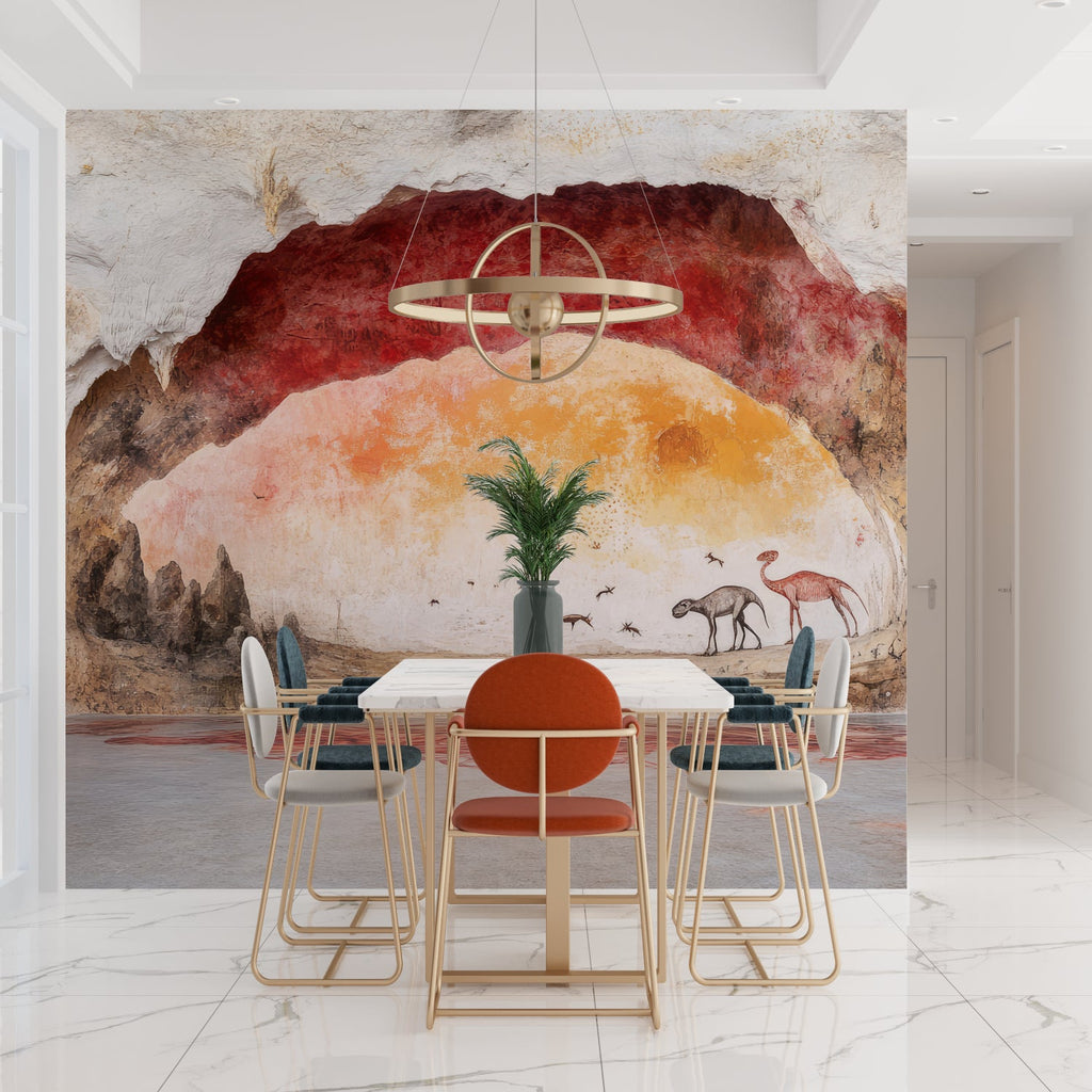 Cave art wallpaper in bedroom showing sunset colors