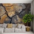 Desert texture wallpaper creating dramatic impact in a modern living room with minimal furniture