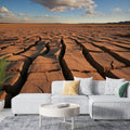Desert landscape wallpaper creating drama in a modern minimalist living room with natural light and earth-toned furniture