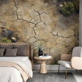 Desert landscape wallpaper creating a striking feature wall in a modern living room with natural light and minimal furniture