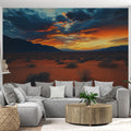 Desert landscape wallpaper mural in modern living room, showcasing warm sunset colors and sand dunes