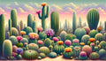 Desert cactus wallpaper mural styled in a modern living room with natural light highlighting the sunset colors