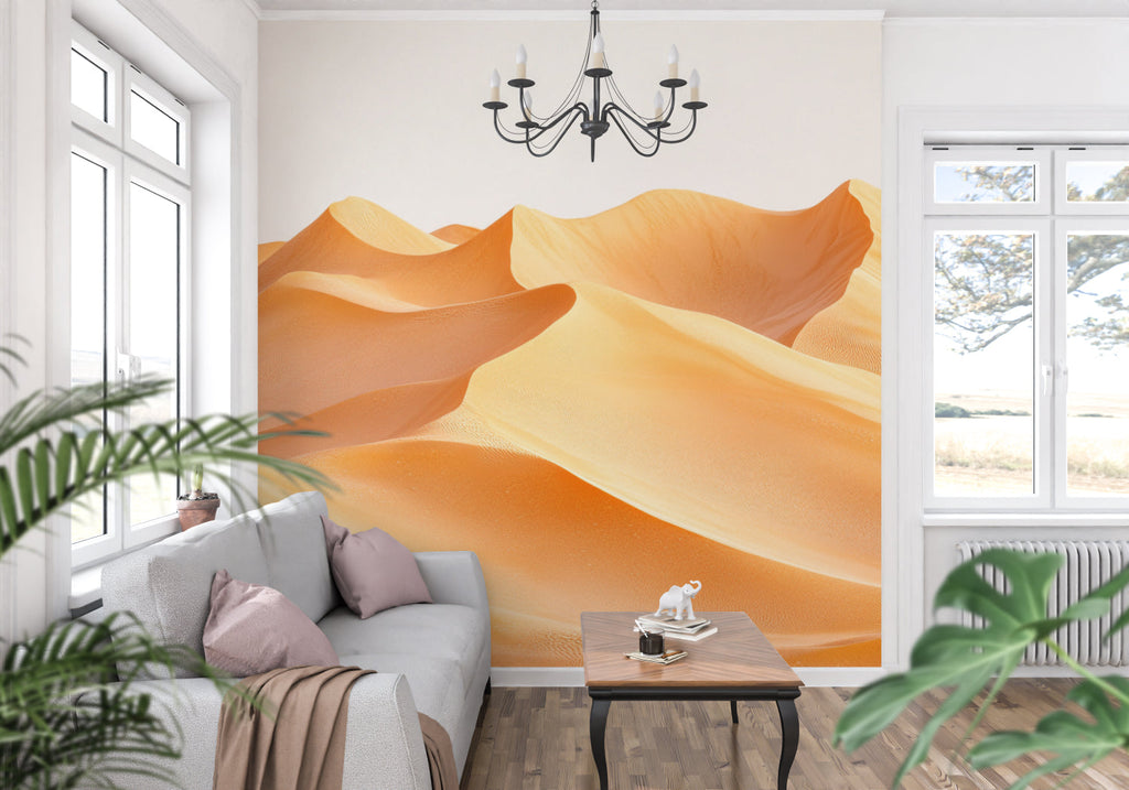 Desert wallpaper mural in modern living room creating warm, inviting atmosphere