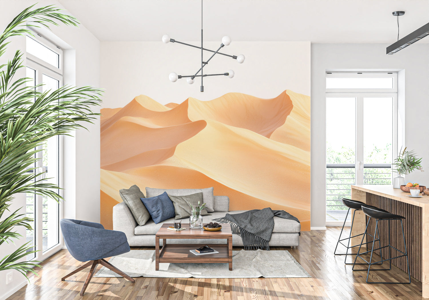 Desert landscape wallpaper in hotel lobby showcasing dramatic scale