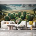 Desert landscape wallpaper creating a stunning focal point in a modern living room with natural light and desert decor accents