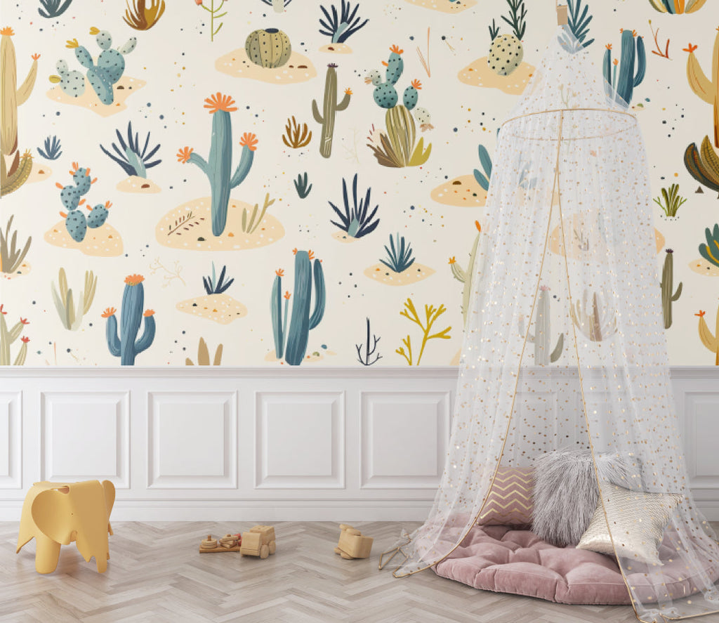 Succulent Pattern Wallpaper adding character to a playroom with educational toys and natural elements