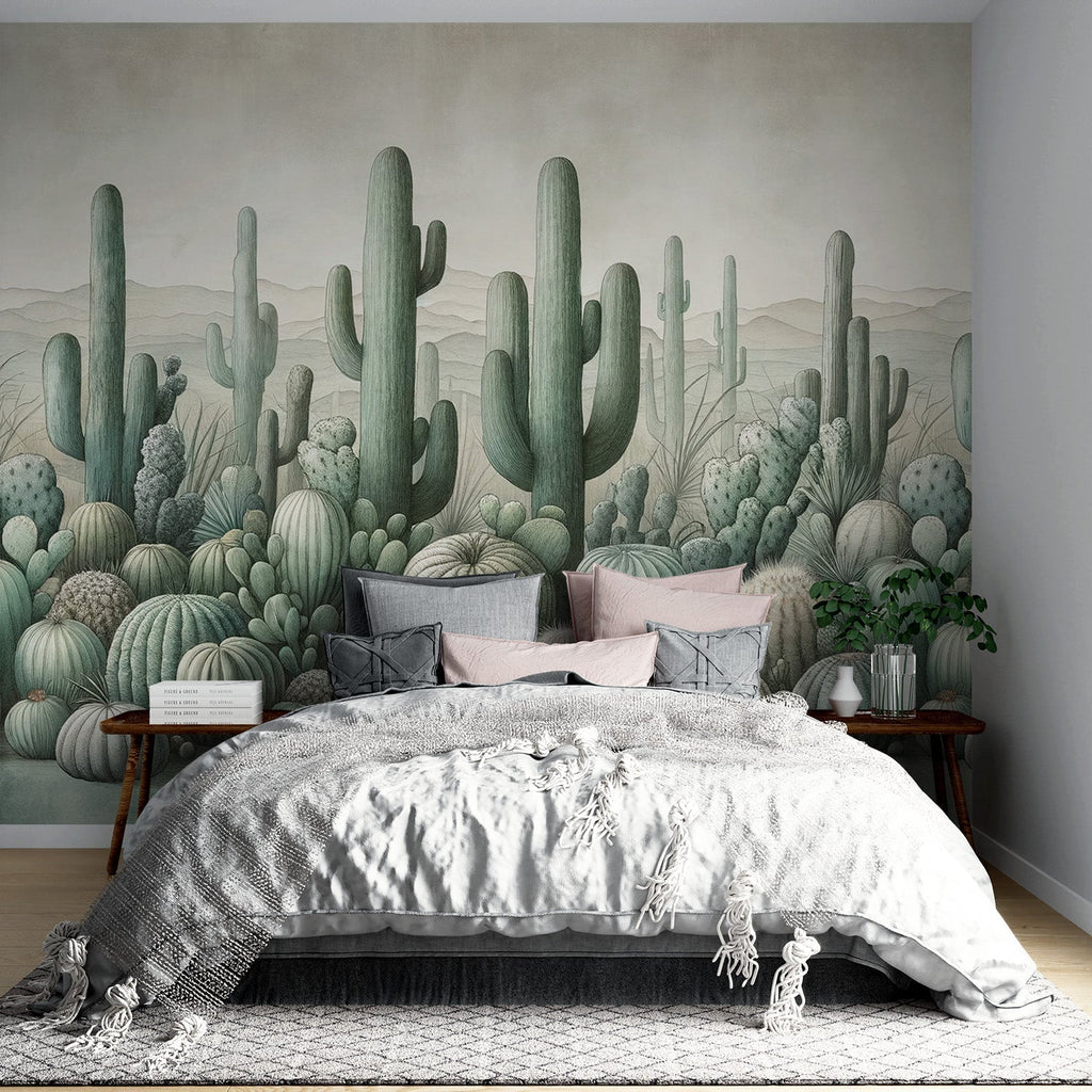 Desert Cactus Wallpaper bringing serene sage green tones to a modern living room with minimal furniture