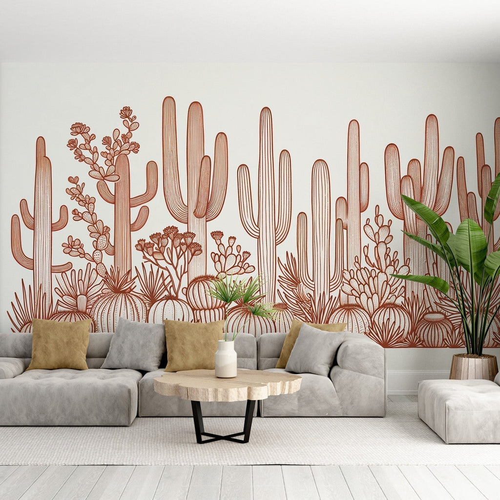 Desert Cactus Line Art Wallpaper creating a modern focal point in a bright, minimal living room with terracotta accents