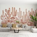 Desert Cactus Line Art Wallpaper creating a modern focal point in a bright, minimal living room with terracotta accents