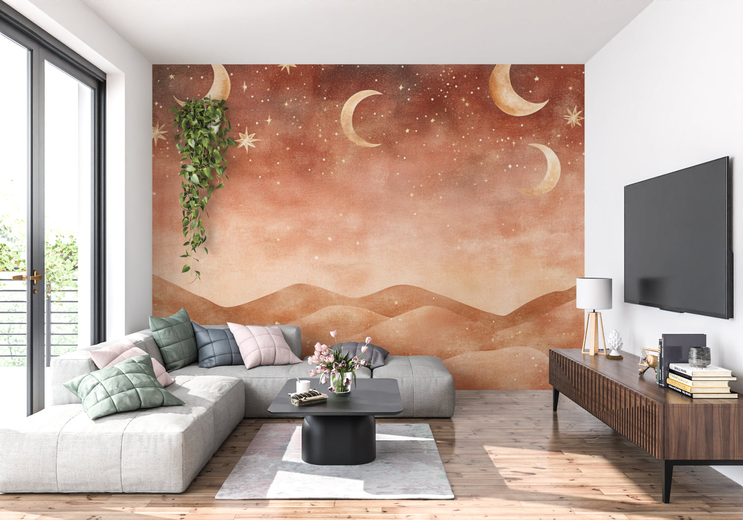 Desert night wallpaper with moons and stars creating a cozy atmosphere in a modern bedroom