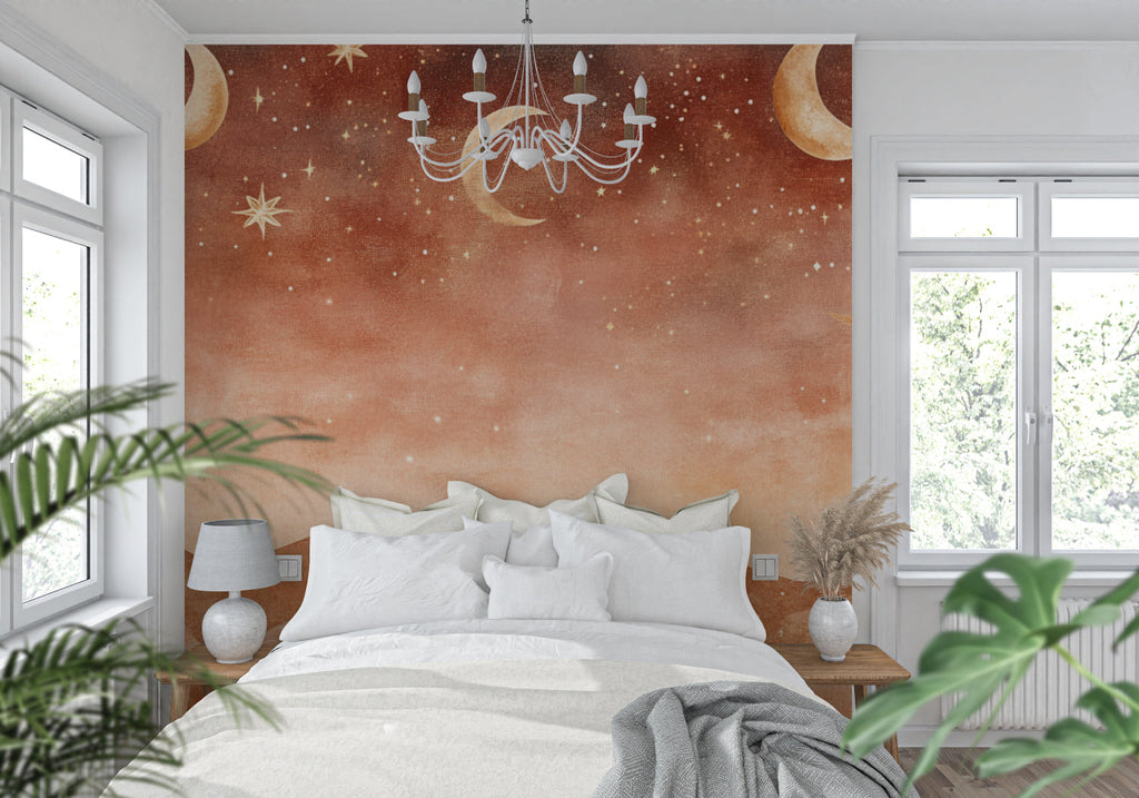 Moon and stars wallpaper adding magic to a child's reading nook