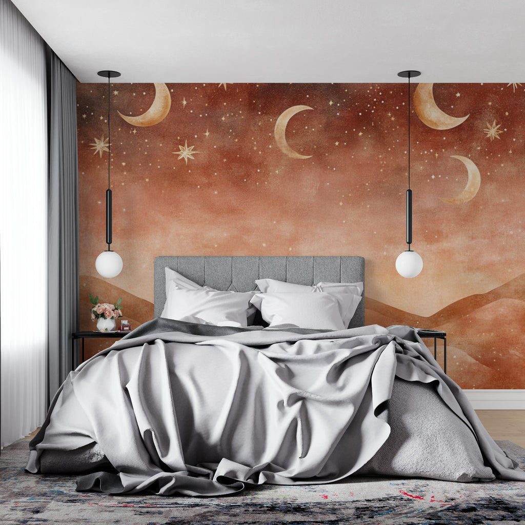 Desert landscape mural creating depth in a home office setting