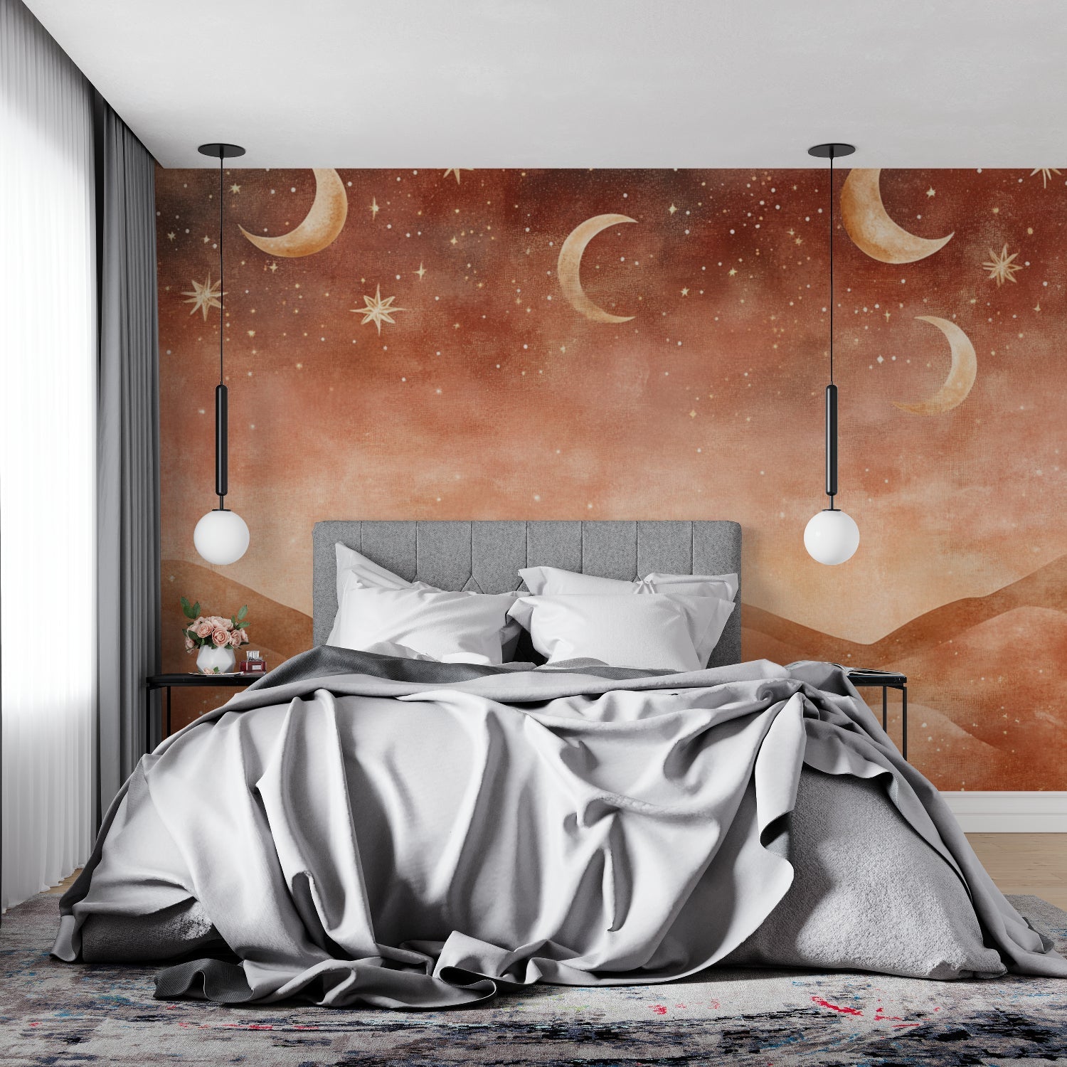Desert landscape mural creating depth in a home office setting