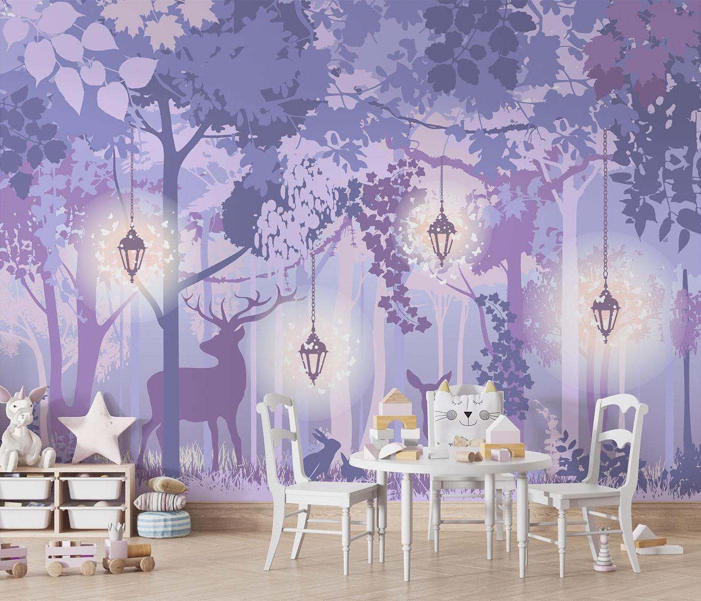 Forest Mural Wallpaper | Enchanted Purple Woodland With Lanterns
