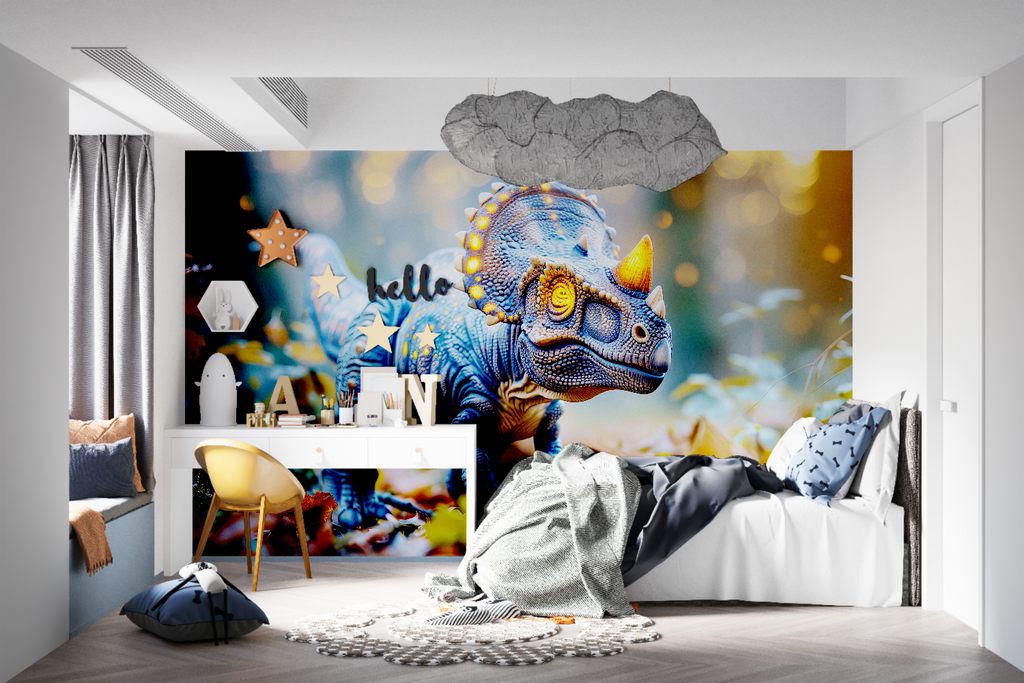 Dinosaur Wall Mural featuring glowing T-Rex in cozy teen gaming room
