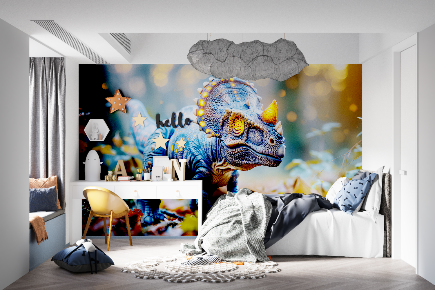 Dinosaur Wall Mural featuring glowing T-Rex in cozy teen gaming room