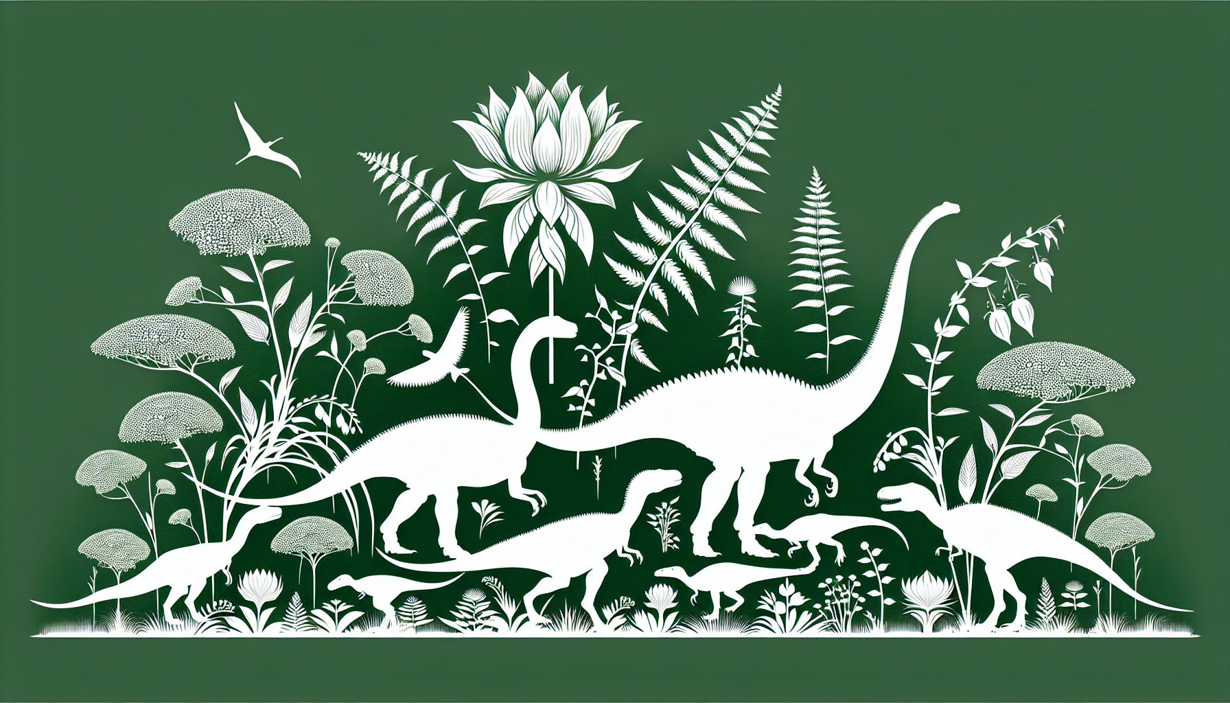 Botanical Dinosaur Wallpaper creating a peaceful atmosphere in a modern children's bedroom with green and white color scheme