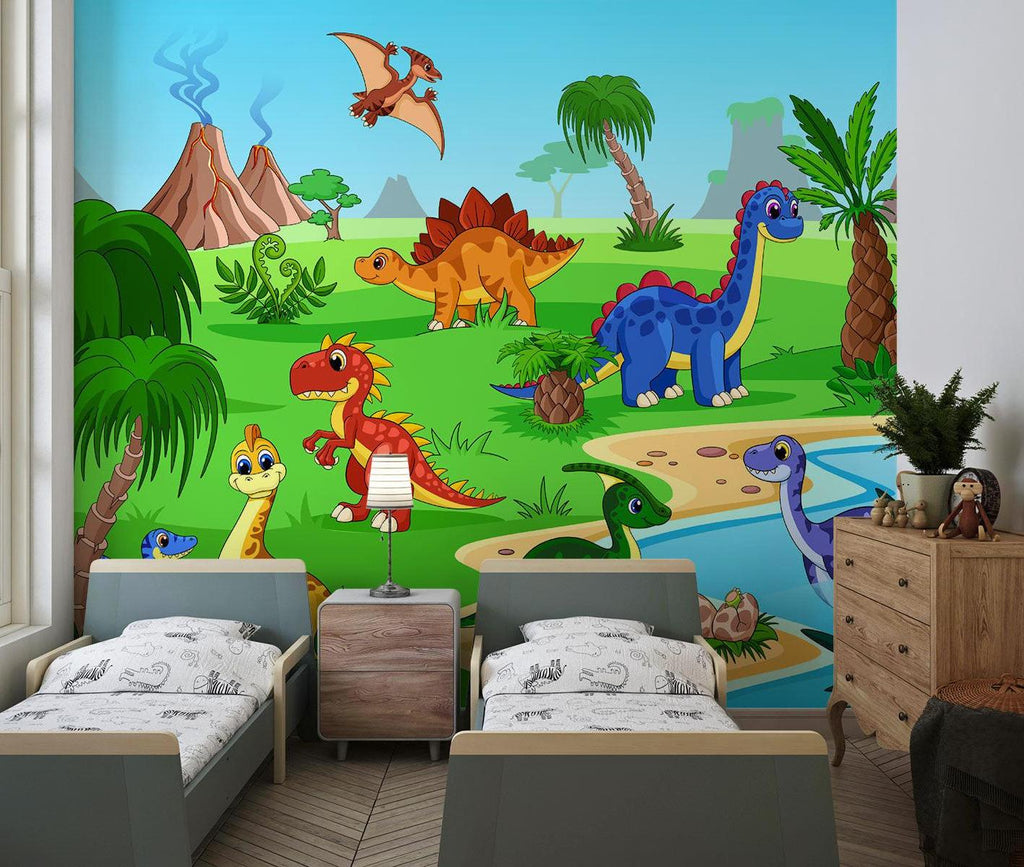 Children's study space with colorful dinosaur wall mural creating fun learning environment