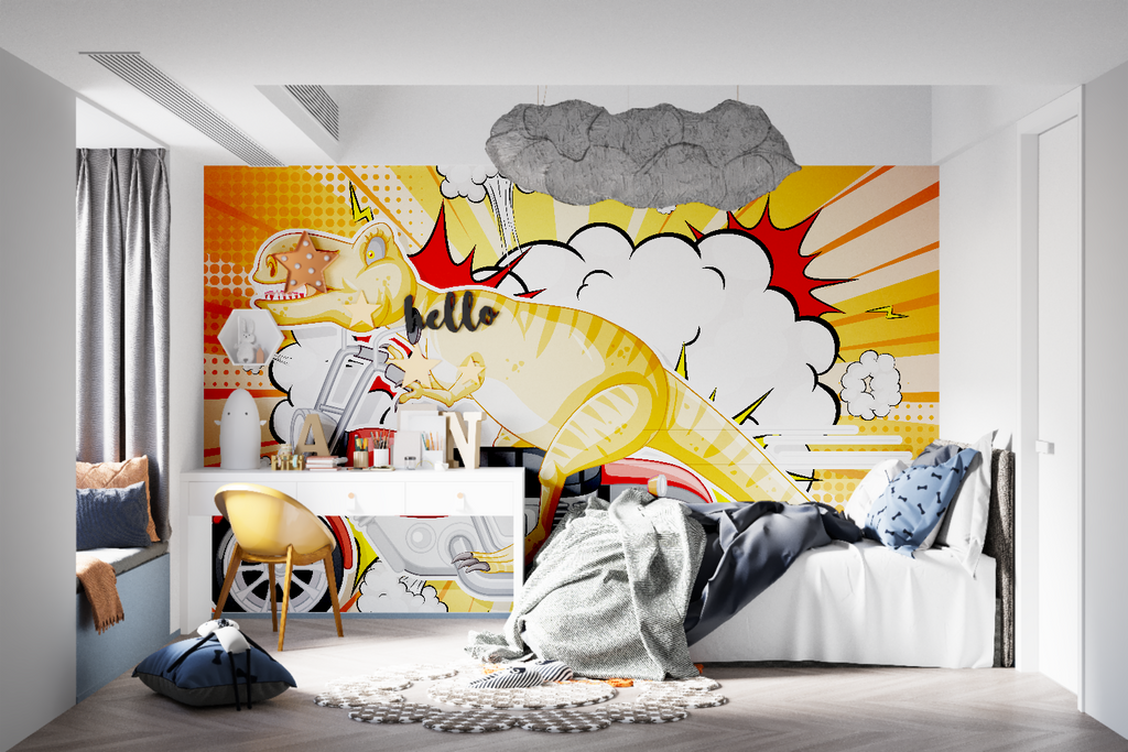 Comic dinosaur mural adding fun to a modern kids study corner with natural lighting