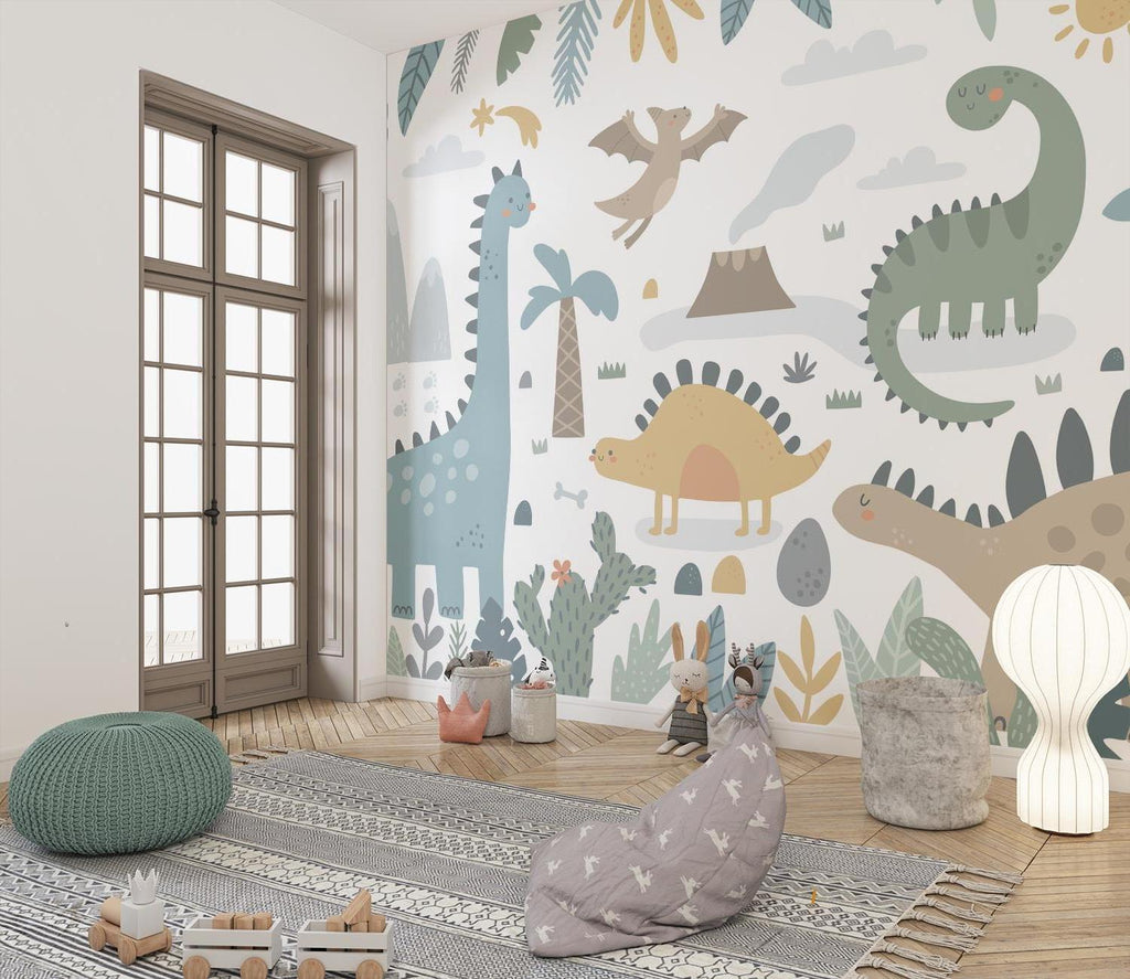 Kids bedroom featuring sweet dinosaur wallpaper with reading nook and play area