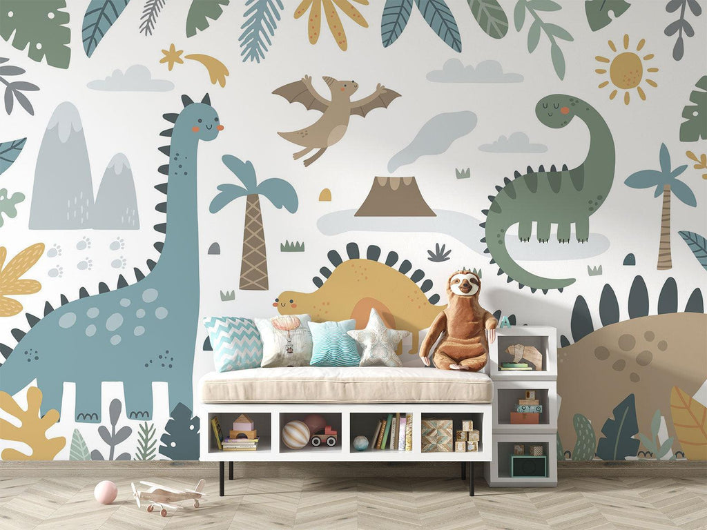 Playroom wall with cute dinosaur mural creating an engaging learning space