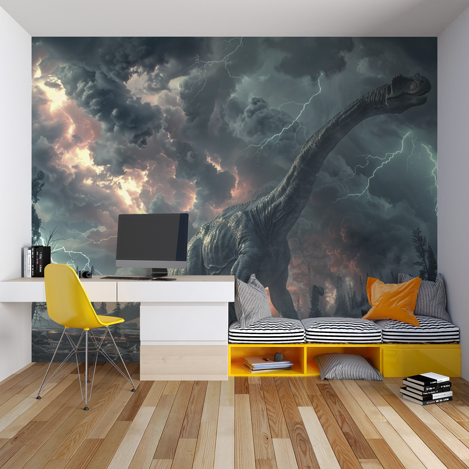 T-Rex storm mural displayed in playroom setting with dramatic lighting effects