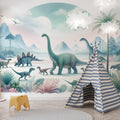 Dinosaur mural wallpaper creating a soft, dreamy atmosphere in a modern kids bedroom with gentle lighting and cozy furniture