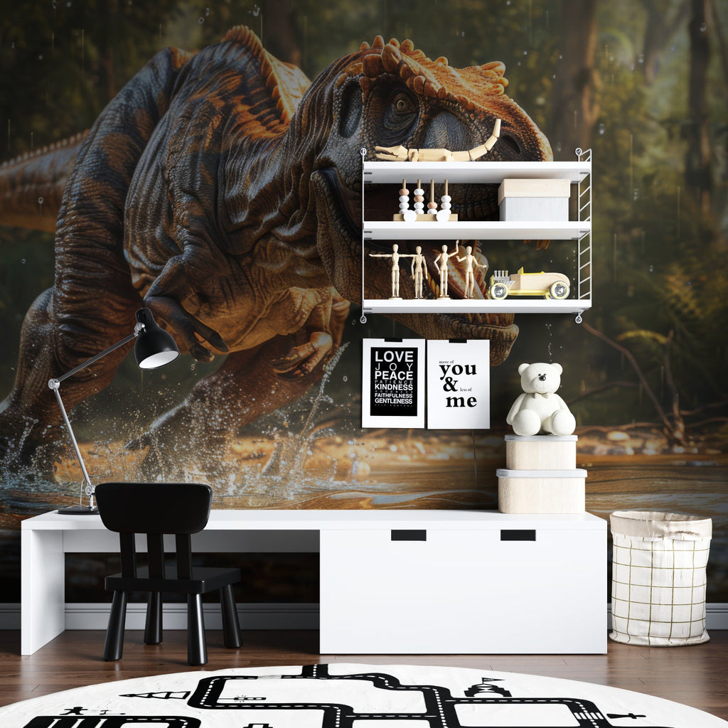 T-Rex dinosaur wallpaper transforming a modern kids bedroom with dramatic forest scene and natural lighting