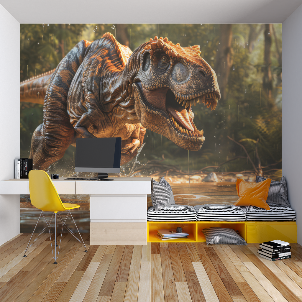 Realistic T-Rex wall mural creating impact in a stylish playroom setting