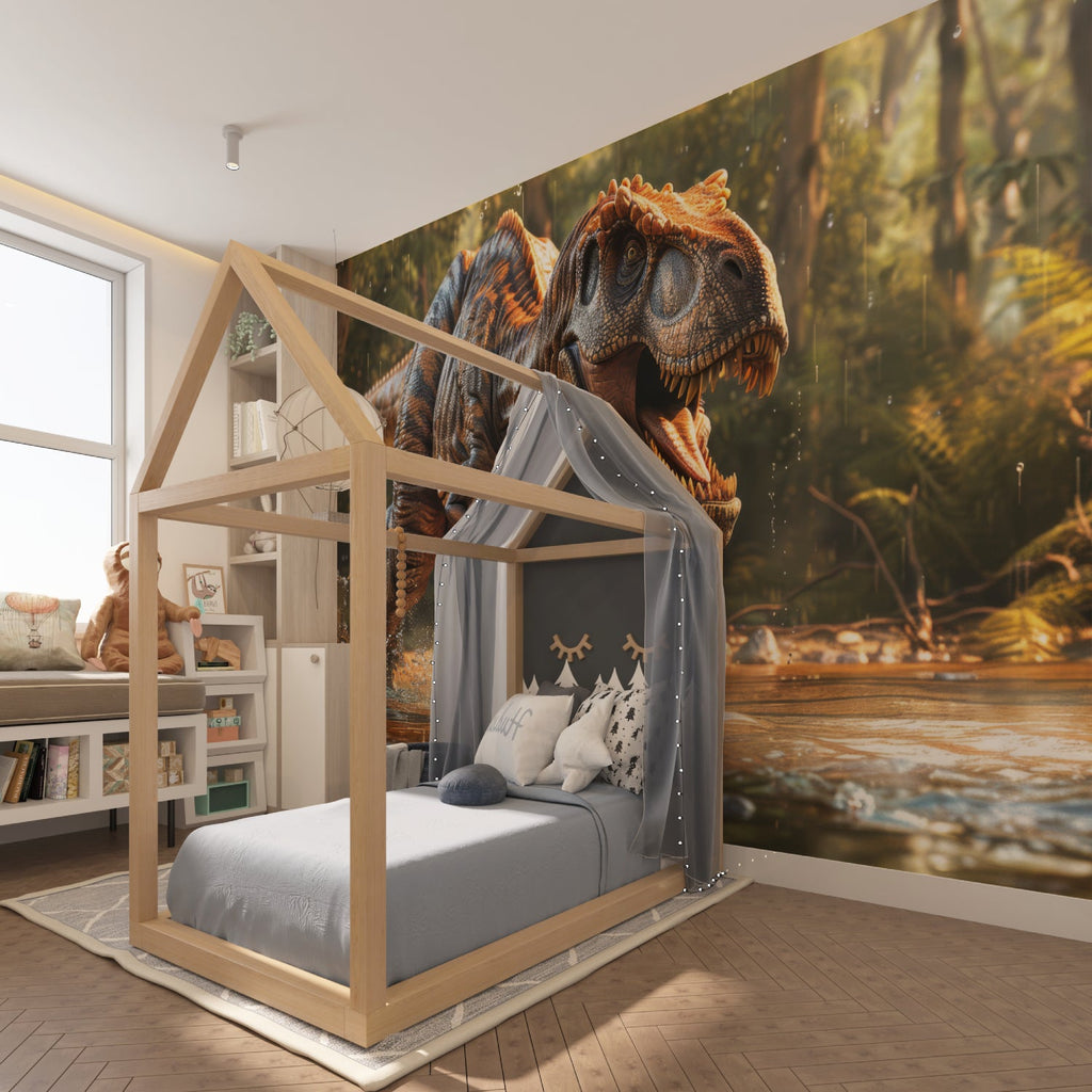Dinosaur wall design bringing prehistoric adventure to a cozy study corner