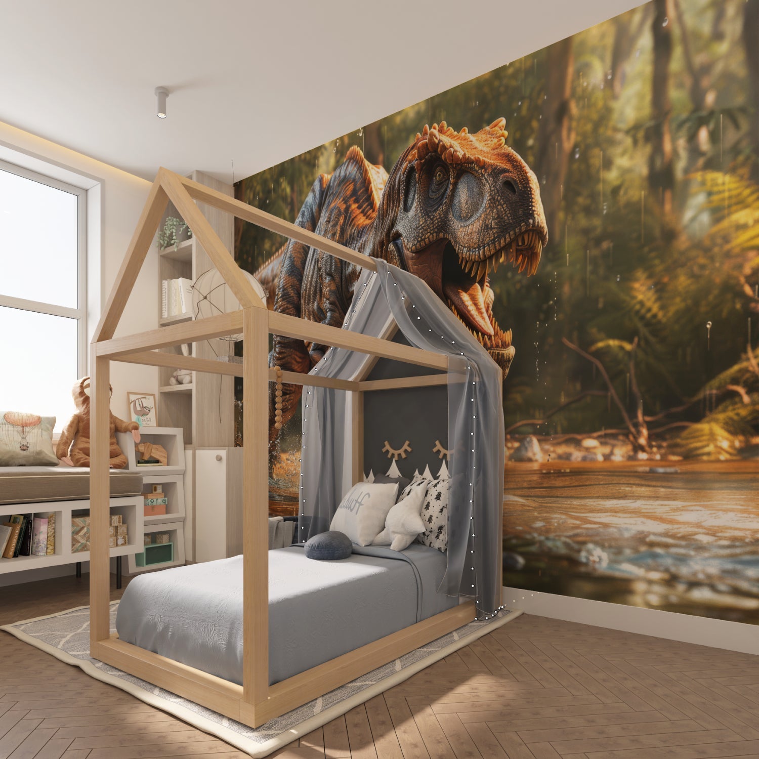Dinosaur wall design bringing prehistoric adventure to a cozy study corner