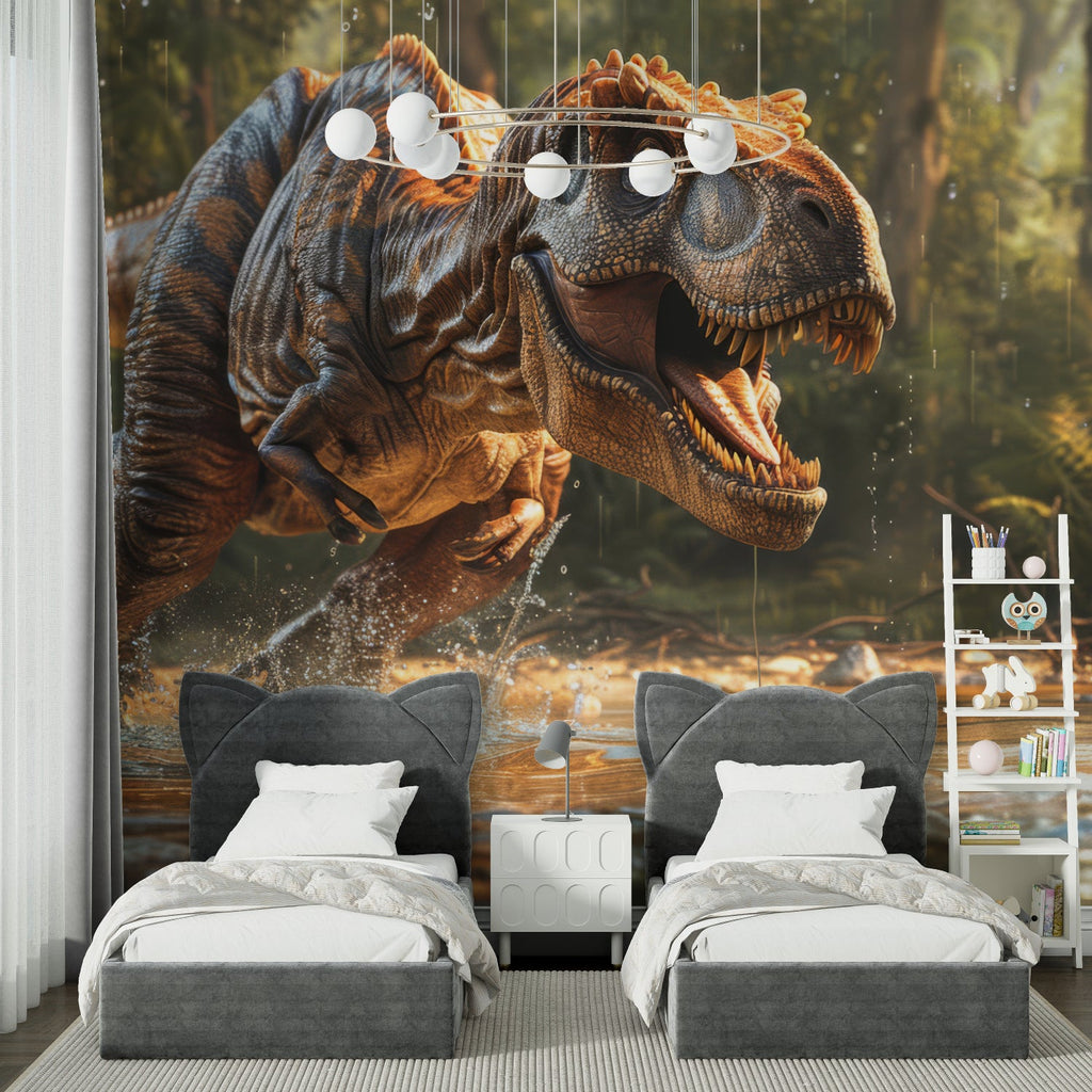 T-Rex forest mural making a bold statement in a game room environment