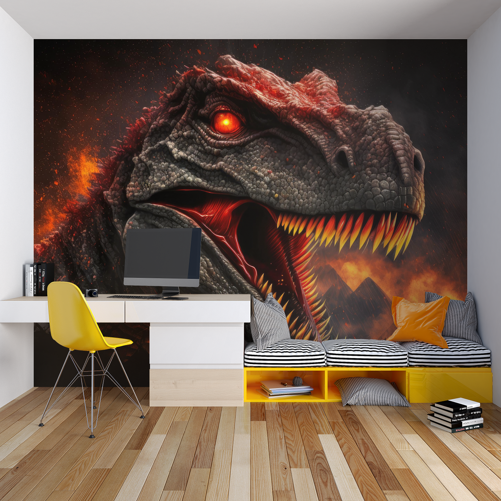 T-Rex wall art making a bold statement in a modern family room