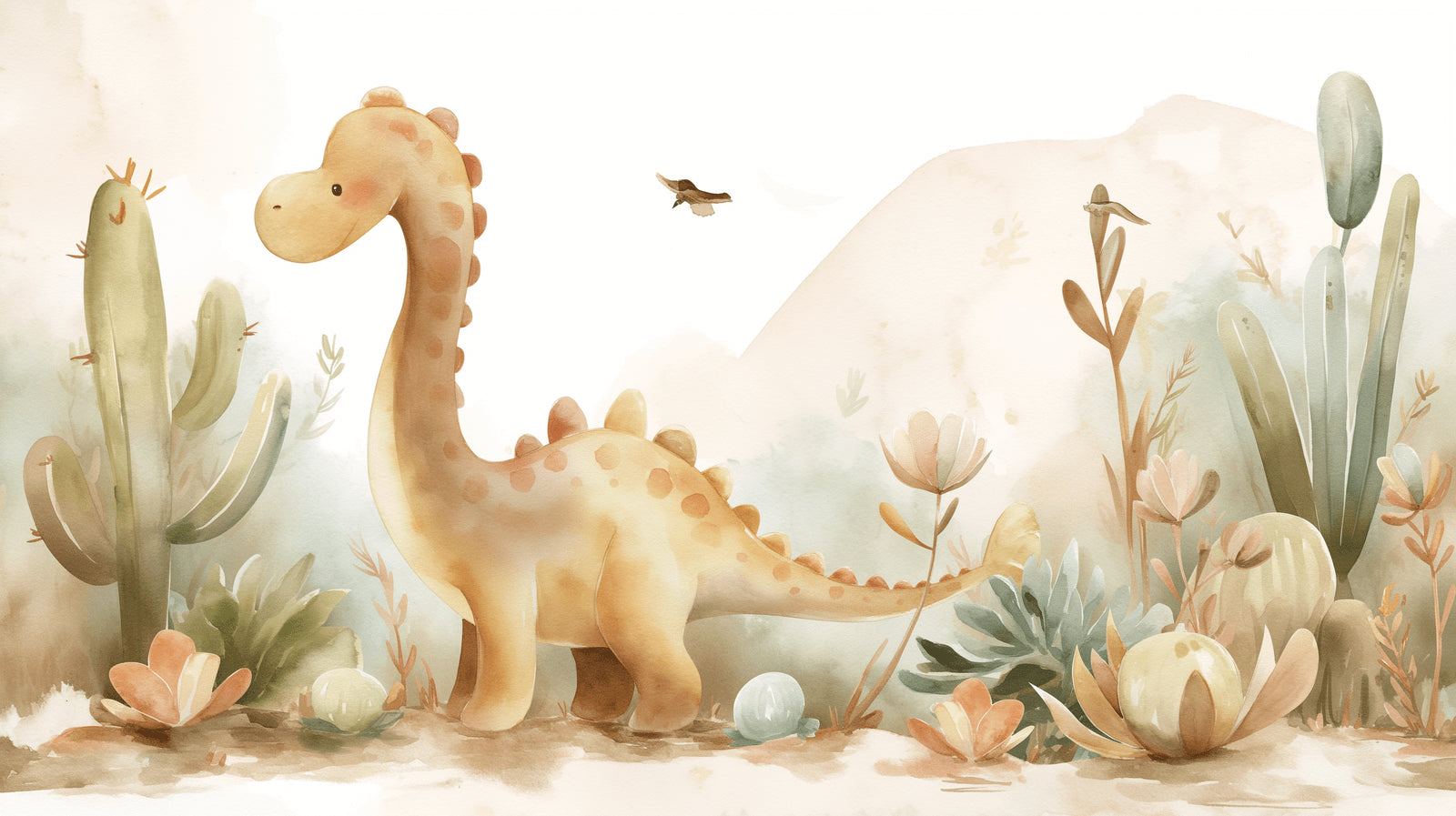 Dinosaur wall mural in a bright nursery showing gentle watercolor brontosaurus, perfect for creating a calm space