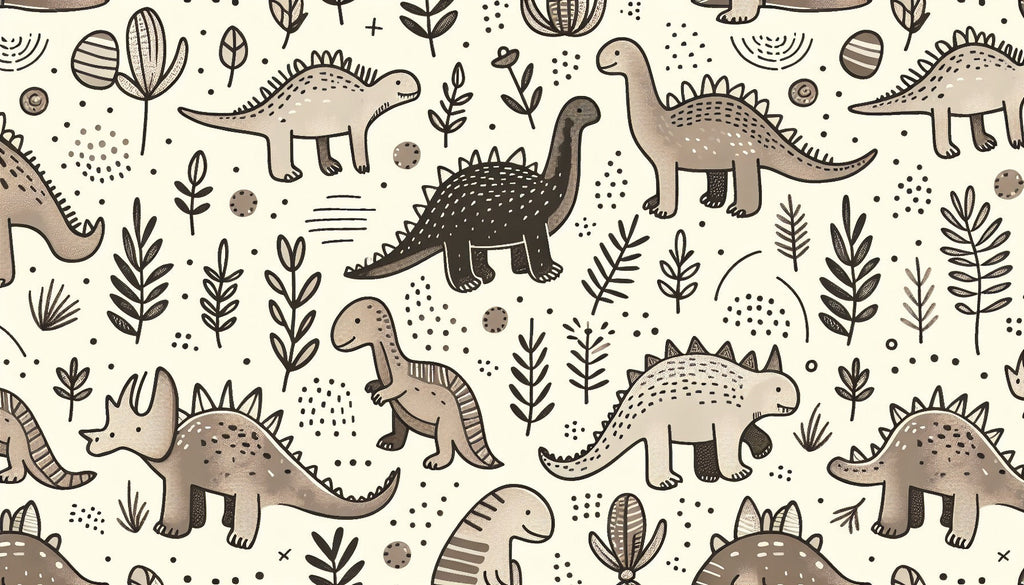Hand-drawn prehistoric pattern design file showing charming dinosaurs in beige and grey tones