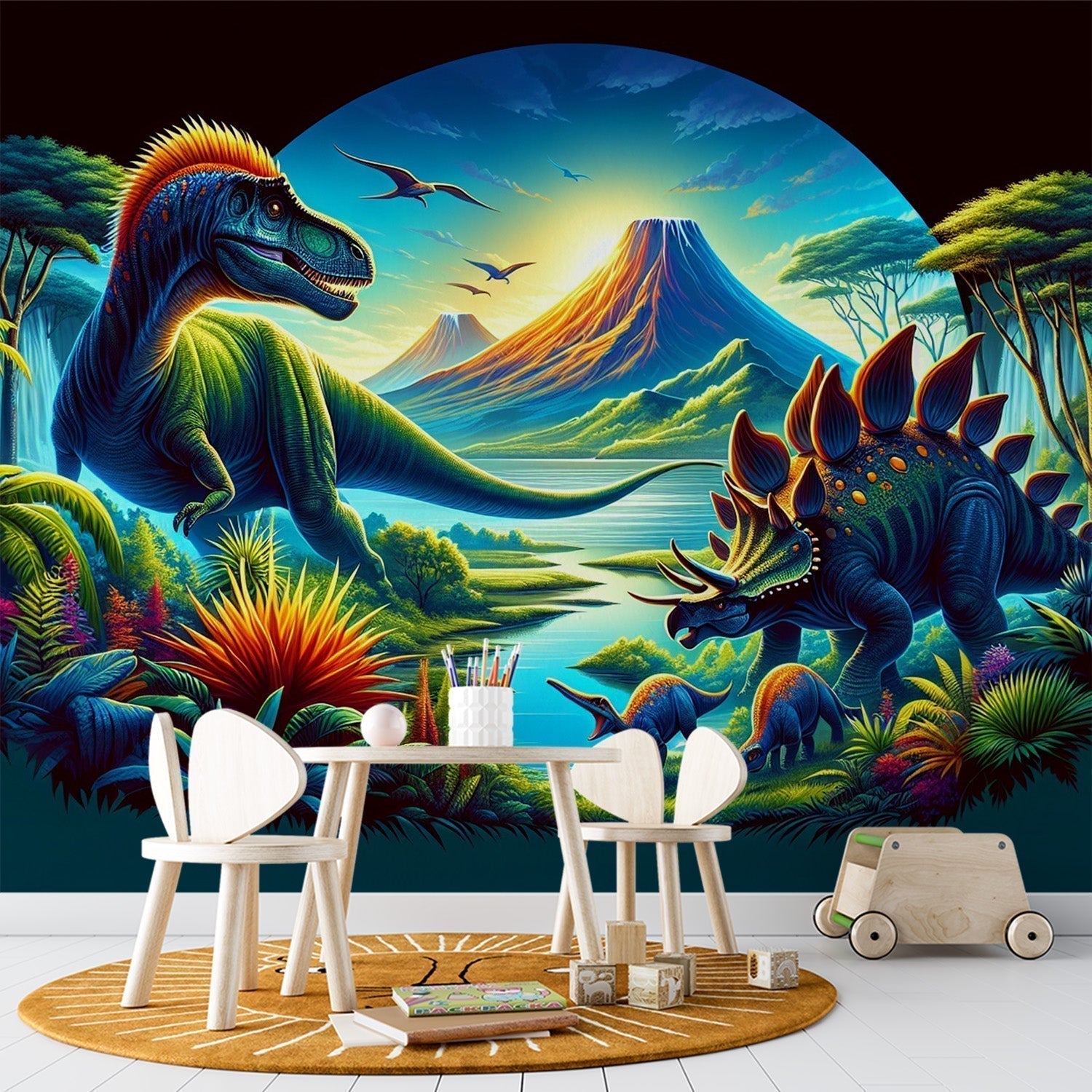 Dinosaur mural wallpaper bringing prehistoric adventure to a modern kids' bedroom with bright tropical colors