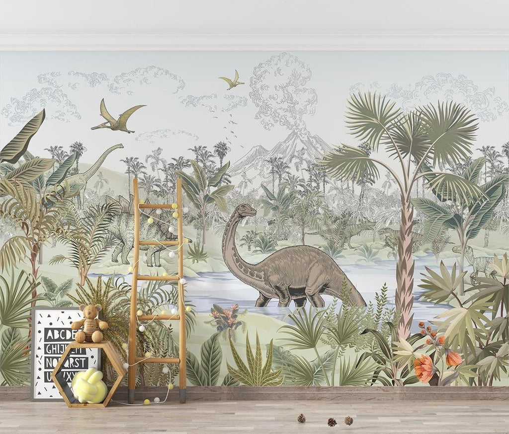 Dinosaur mural wallpaper bringing prehistoric wonder to a modern kids bedroom with soft lighting
