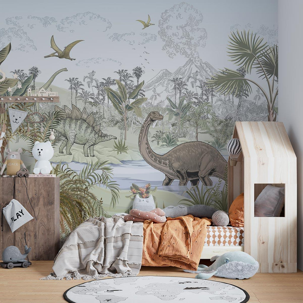 Jurassic wall mural creating a magical atmosphere in a cozy playroom setting