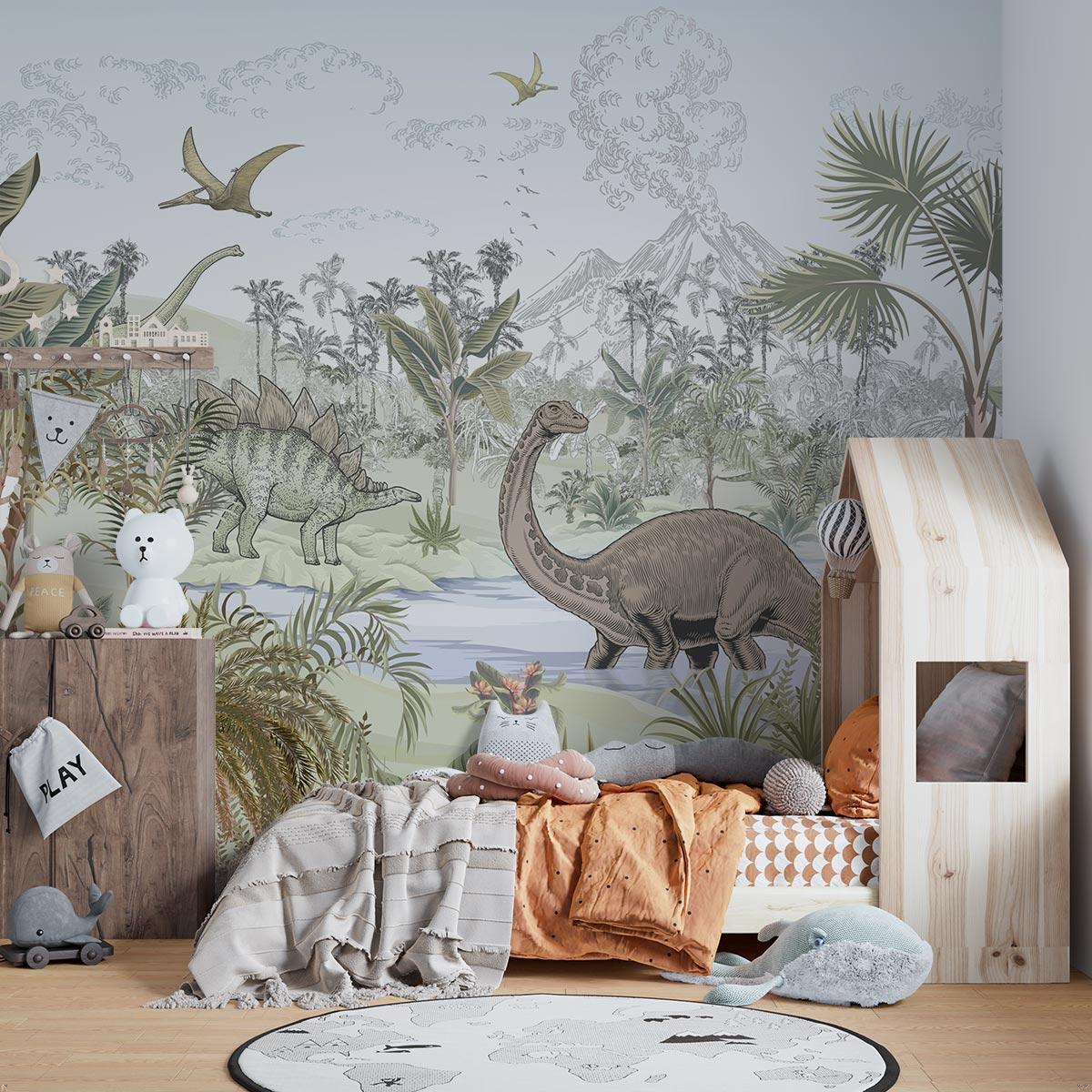 Jurassic wall mural creating a magical atmosphere in a cozy playroom setting