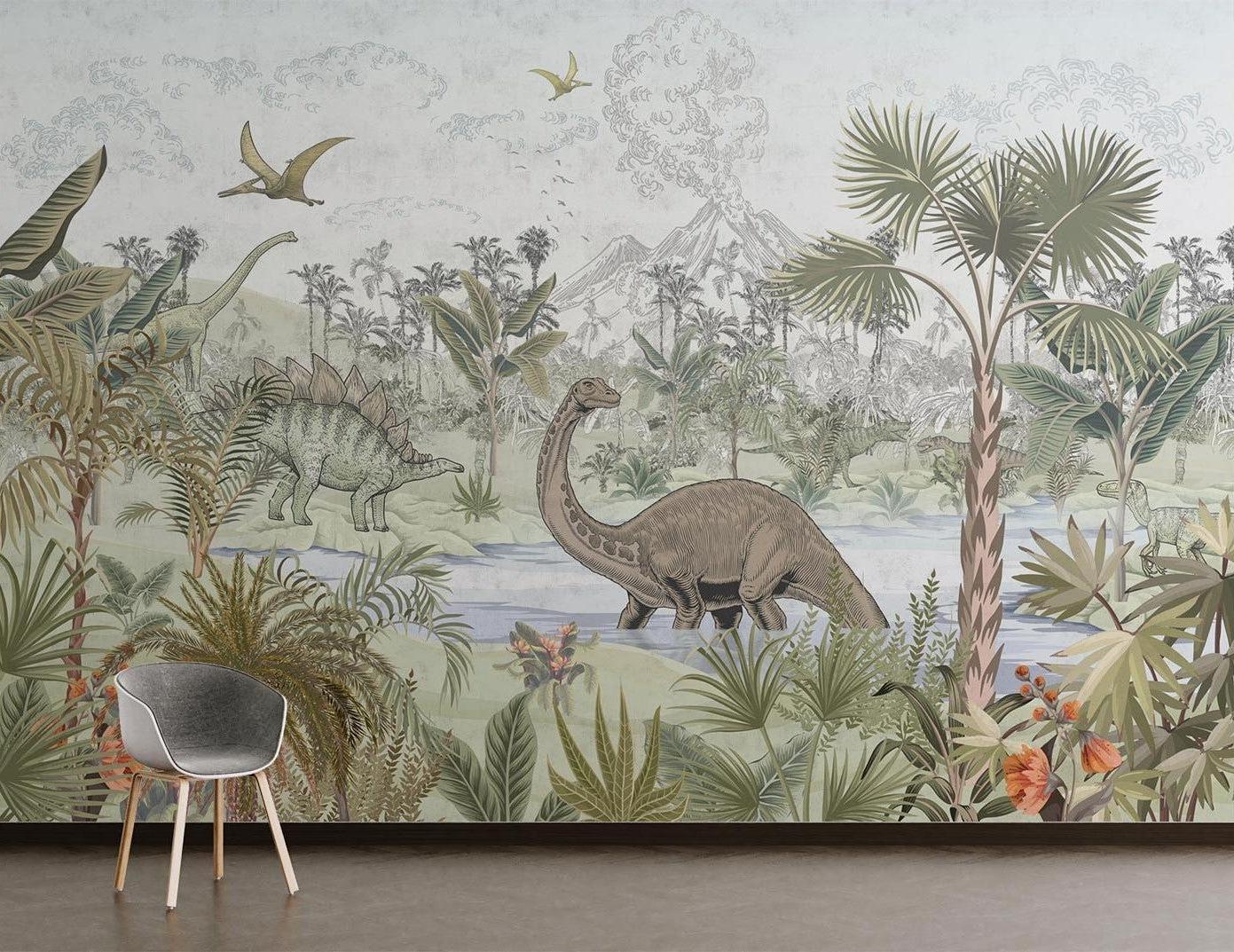 Prehistoric wallpaper transforming a study space with gentle dinosaurs and tropical plants