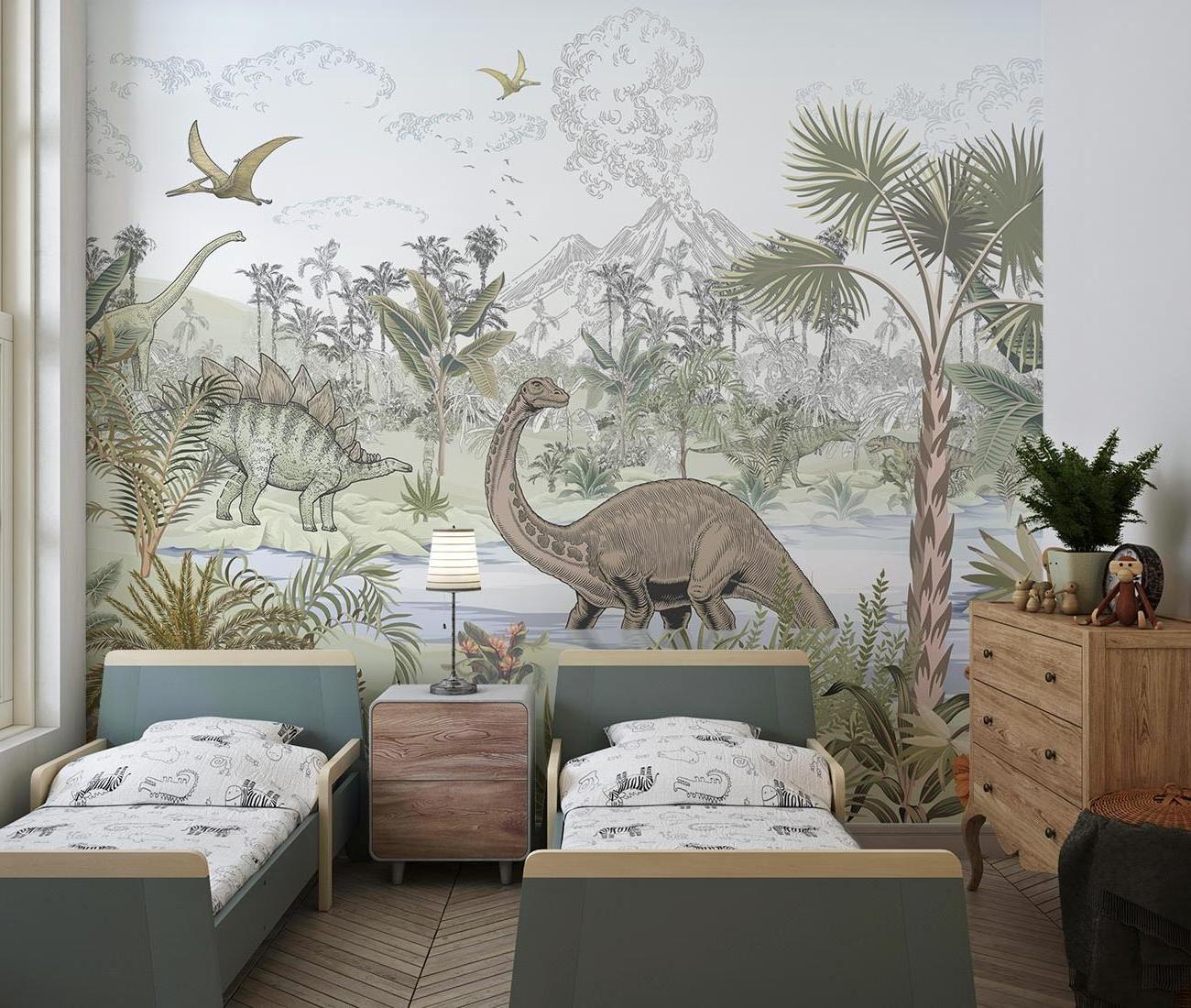 Dinosaur mural wallpaper adding educational value to a family room with its detailed scene
