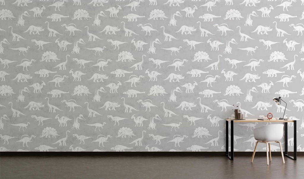 Grey and white dinosaur mural creating a fun learning space in a modern playroom setting