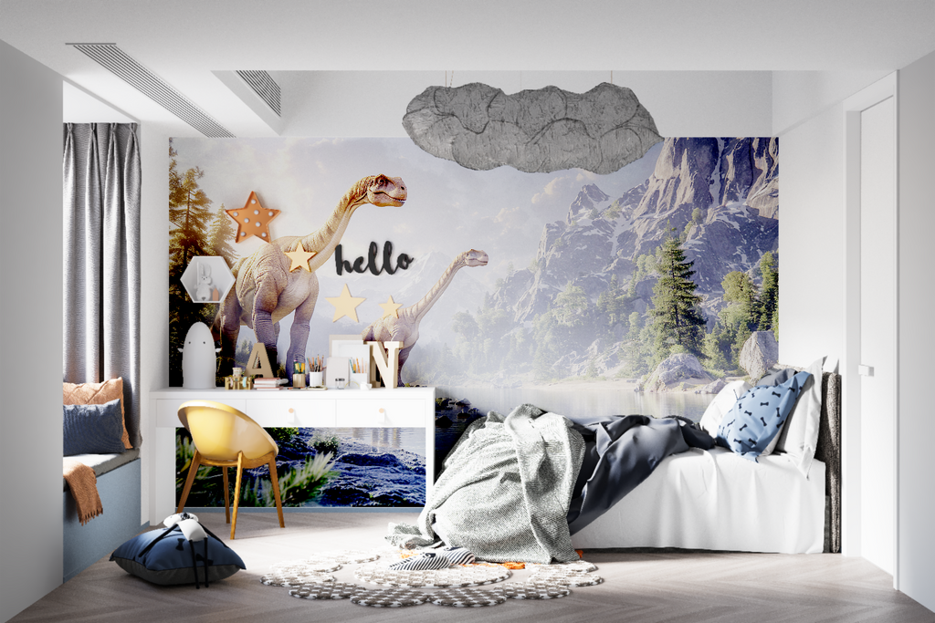 Home office wall decorated with peaceful Brachiosaurus lake scene wallpaper