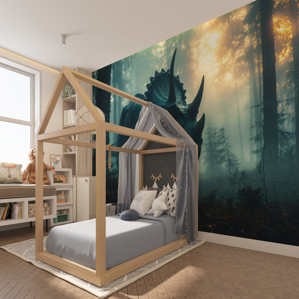 Prehistoric mural showcased in a teen gaming room with ambient lighting